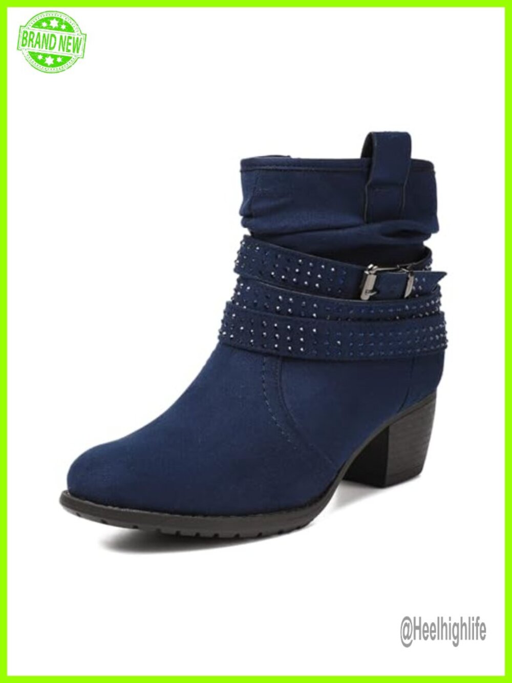 Women's Mid Calf Boots Round Toe Comfort Low Heel Slouchy Dress Booties Jeweled